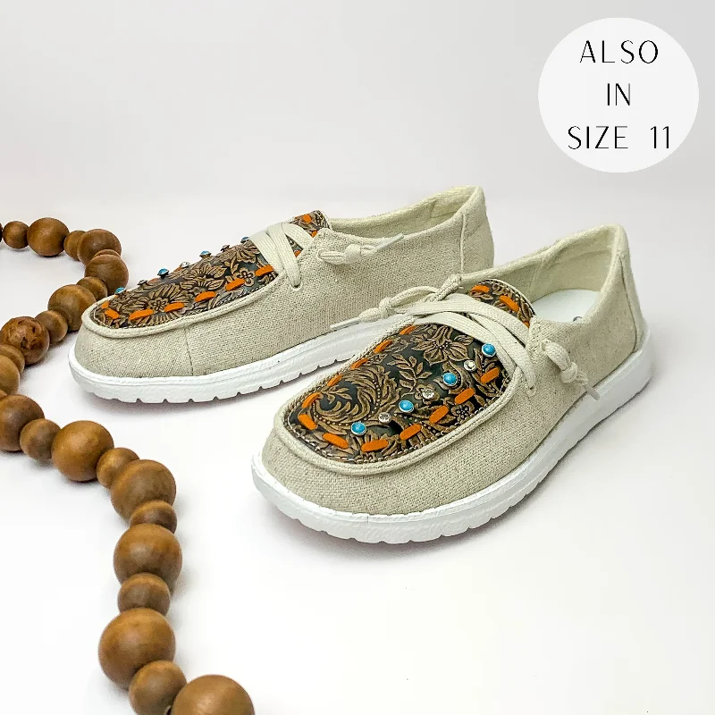 Youthful Style Very G | Have To Run Tooled Leather Upper Slip On Loafer with Orange Stitching in Beige