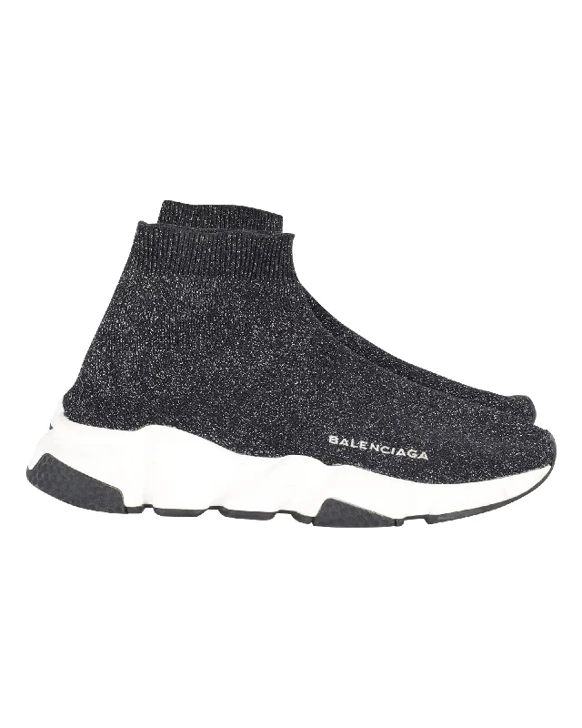 Multifunctional Style Balenciaga Glittered Speed Trainers in Black and Silver Polyester