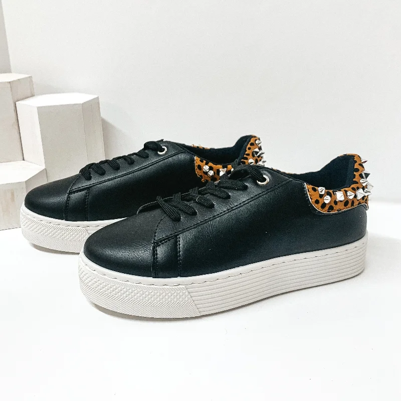 Comfortable Series Studded Chic Lace Up Leopard Heel Platform Sneakers in Black