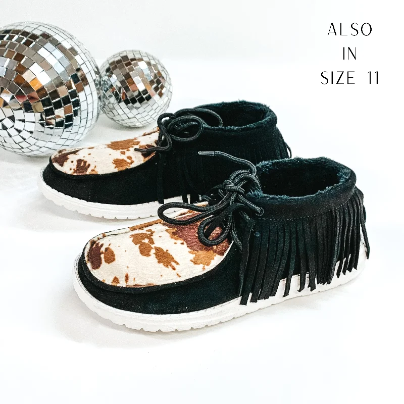 Fashion Classic Very G | Have To Run Black Slip On High Top Loafers in Black with Cow Print and Black Fringe
