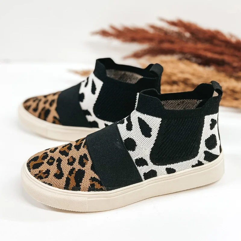 High-end Sense Very G | New Paths Knit Slip On High Top Sneakers in Dotted and Leopard Print