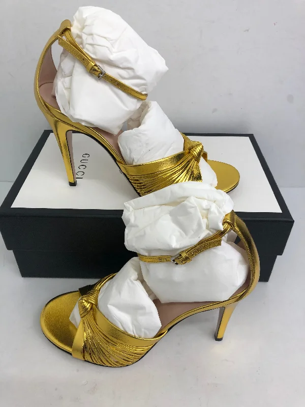Street Fashion Gucci Women's Oro Vecchio Nappa Silk Gold Heeled Sandal Size 36-39