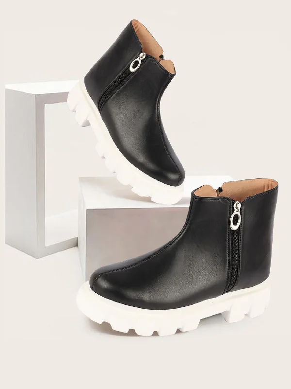 Simple Design Women Black Outdoor High Top Chunky Side Zipper Office Work Boots