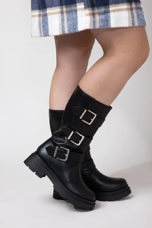 Fashion Innovation Soda Warford Three Buckled Belt Boots for Women in Black | WARFORD-S BLACK