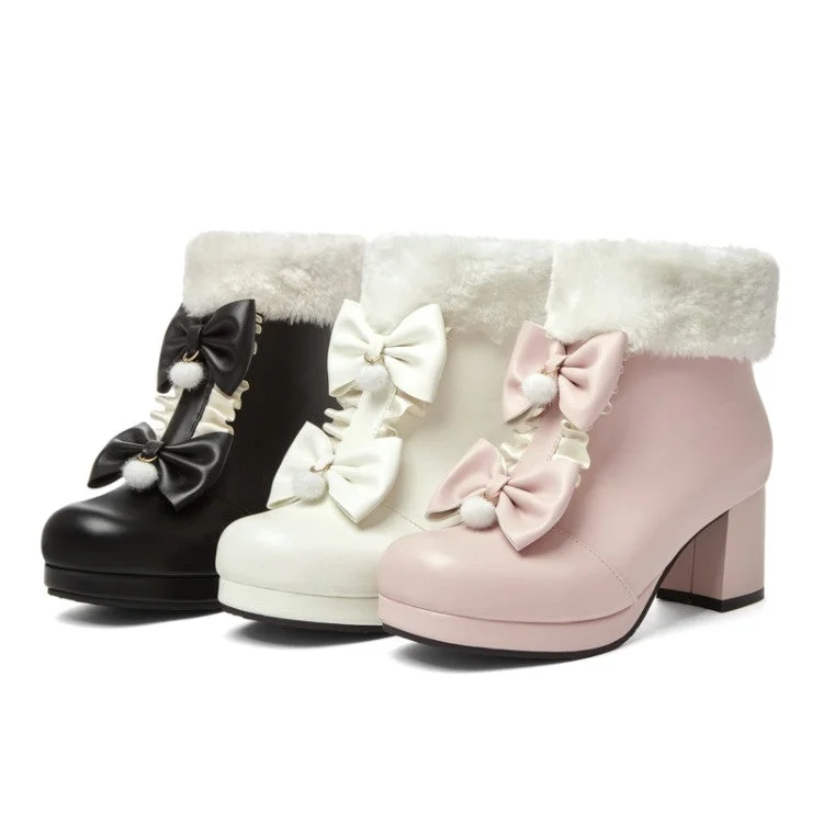 Lace Design Booties Lolita Round Toe Bows Block Chunky Heel Platform Ankle Boots for Women