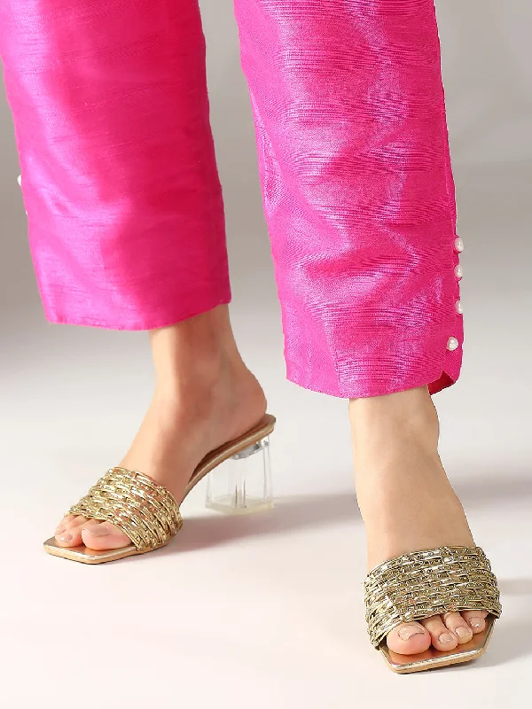 High Street Series Women Gold Textured Embellished Open Toe Slim Heels