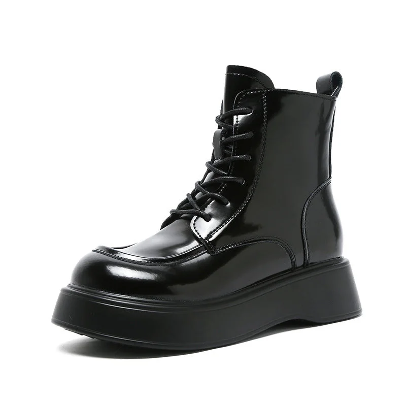 Personalized Series Women's Square Toe Lace-Up Thick Sole Patent Leather Combat Boots