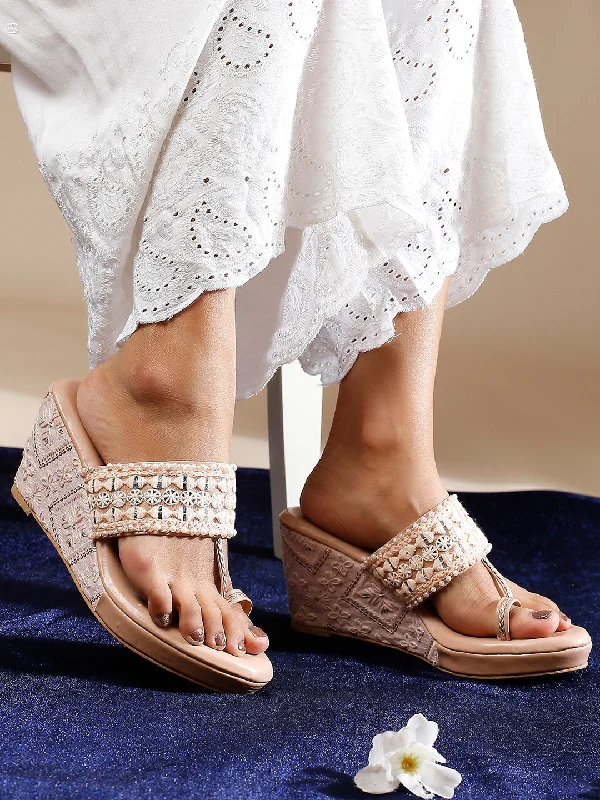 Classic Style Women Peach Embellished Ethnic One Toe Wedge Heels