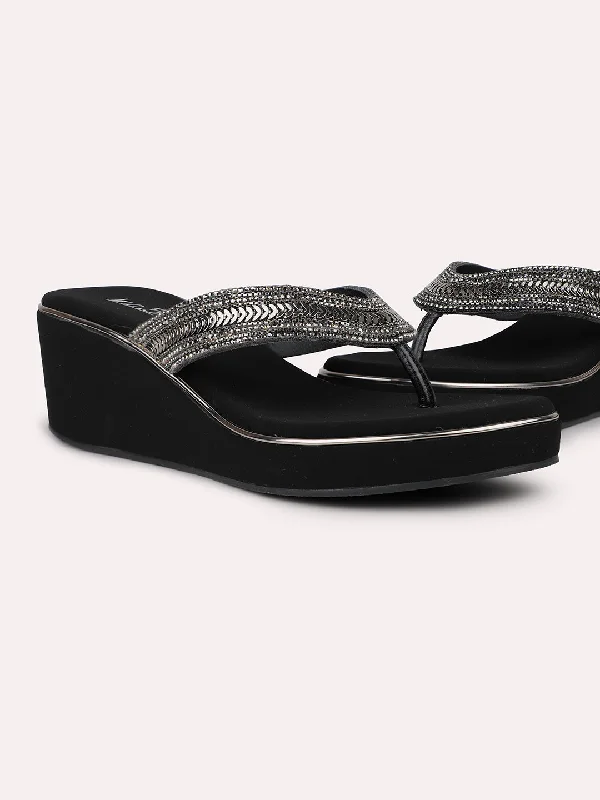 European Plan Women Black-Toned Embellished Wedges Heels