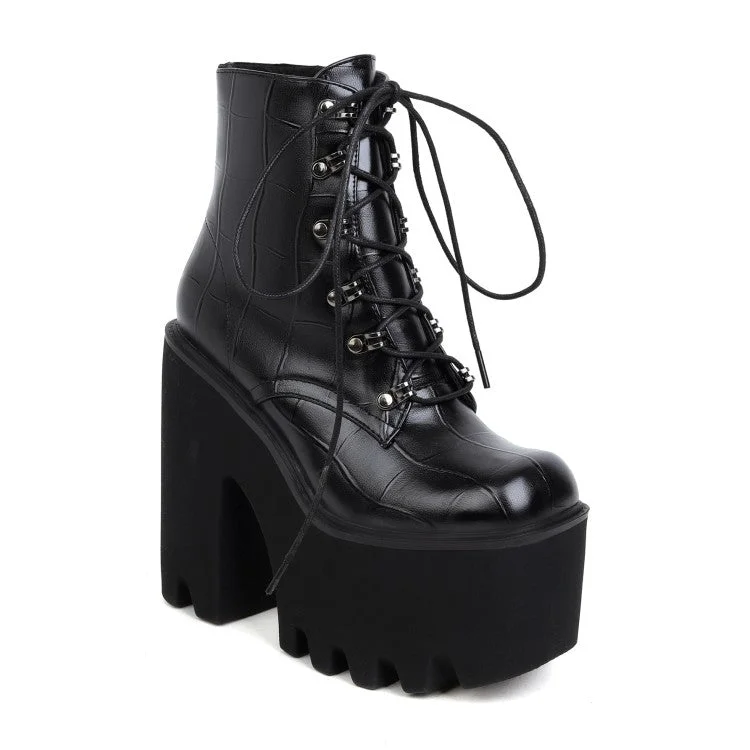 Exquisite Tailoring Pu Leather Square Toe Lace Up Block Chunky Heel Platform Ankle Boots for Women Exquisite Tailoring Pu Leather Square Toe Lace Up Block Chunky Heel Platform Ankle Boots for Women