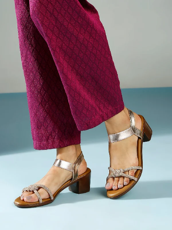 Exquisite Craftsmanship Women Rose Gold Knotted Open Toe Block Heels With Backstrap Exquisite Craftsmanship Women Rose Gold Knotted Open Toe Block Heels With Backstrap