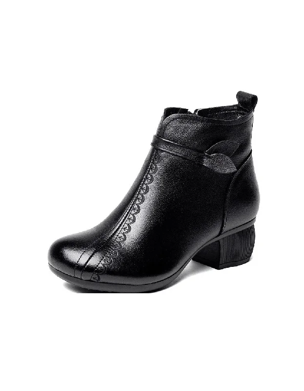 American Style Embroidery Retro Leather Ankle Strap Chunky Boots 35-41