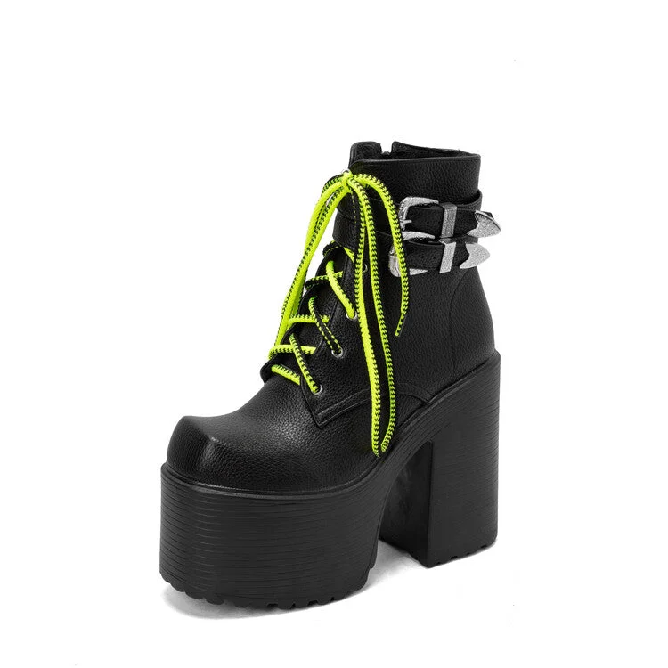 Celebrity Picks Pu Leather Square Toe Lace Up Buckle Straps Block Chunky Heel Platform Ankle Boots for Women