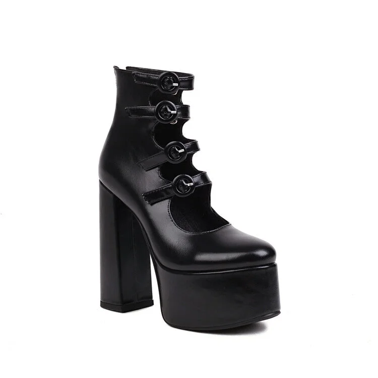 Energy Wear Booties Glossy Round Toe Cutout Buckle Straps Block Chunky Heel Platform Back Zippers Short Boots for Women