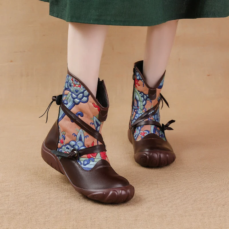 New Season Series Ethnic Style Printed Vintage Leather Comfortable Women's Boots
