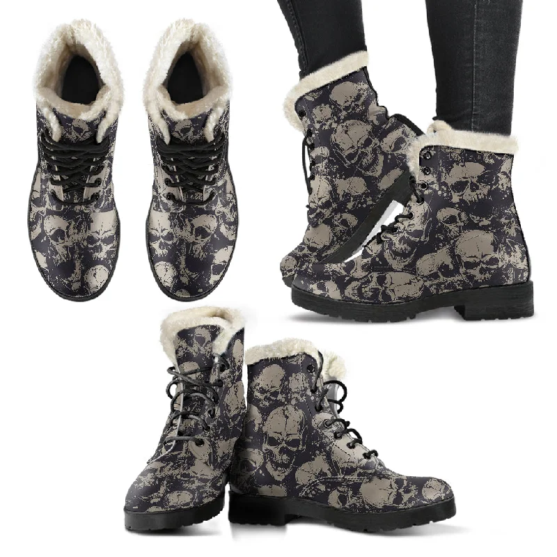Fresh And Fashionable Grey Skulls - Fur Leather Boots