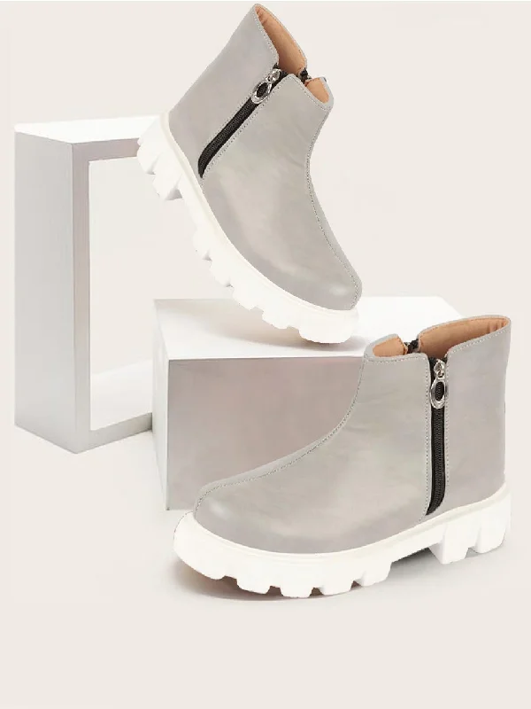 Trendy Items Women Grey Outdoor High Top Chunky Side Zipper Office Work Boots