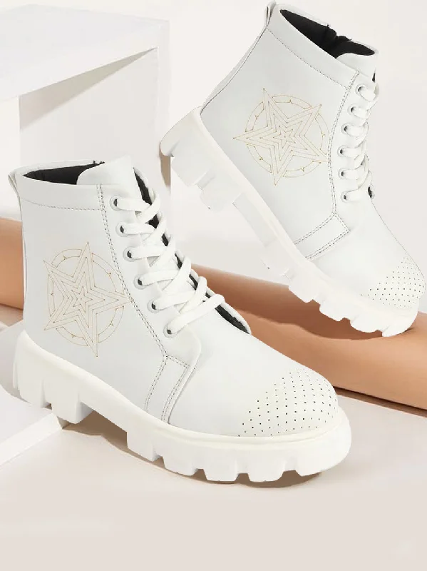 Goddess Style Women White Outdoor Winter High Top Chunky Lace Up Casual Boots