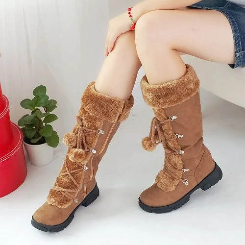 Economic Outlook Flock Round Toe Lace-Up Furry Ball Side Zippers Block Chunky Heel Platform Mid-Calf Boots for Women
