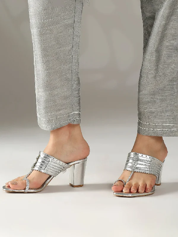 Luxury Fashion Women Silver Textured Embellished One-Toe Block Heels