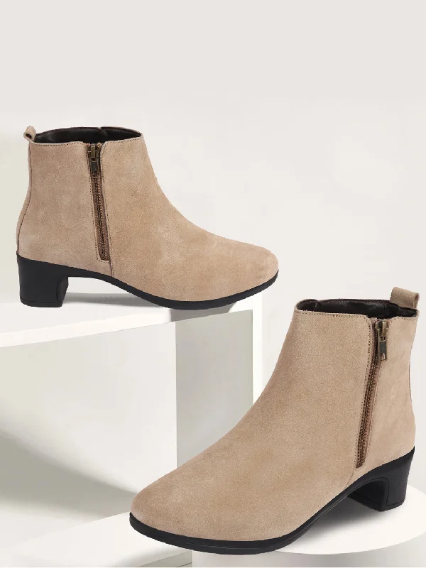 Creative Prints Women Cheeku Flared Heel Mid Top Suede Leather Zipper Closure Winter Chelsea Boots