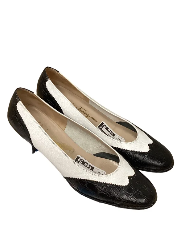 Body Design Designer Black & White Shoes Heels Block Ferragamo, Size 10