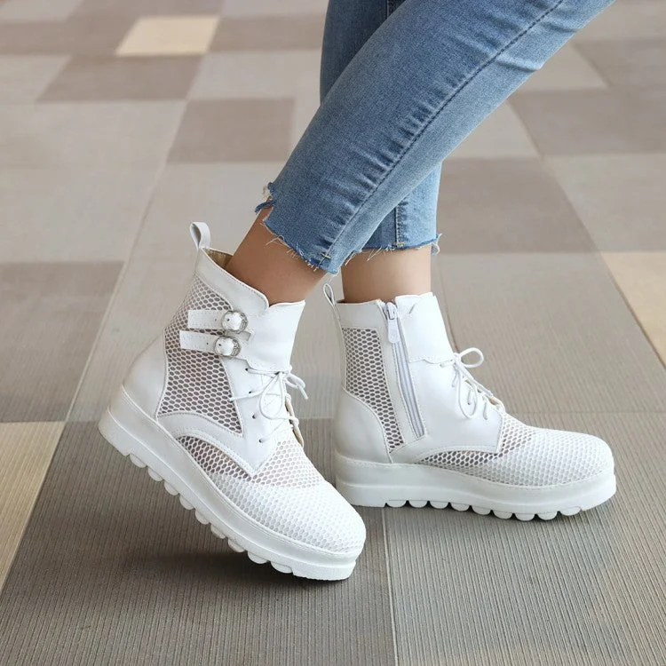Free And Comfortable Women Buckle Lace Up Platform Heel Short Boots