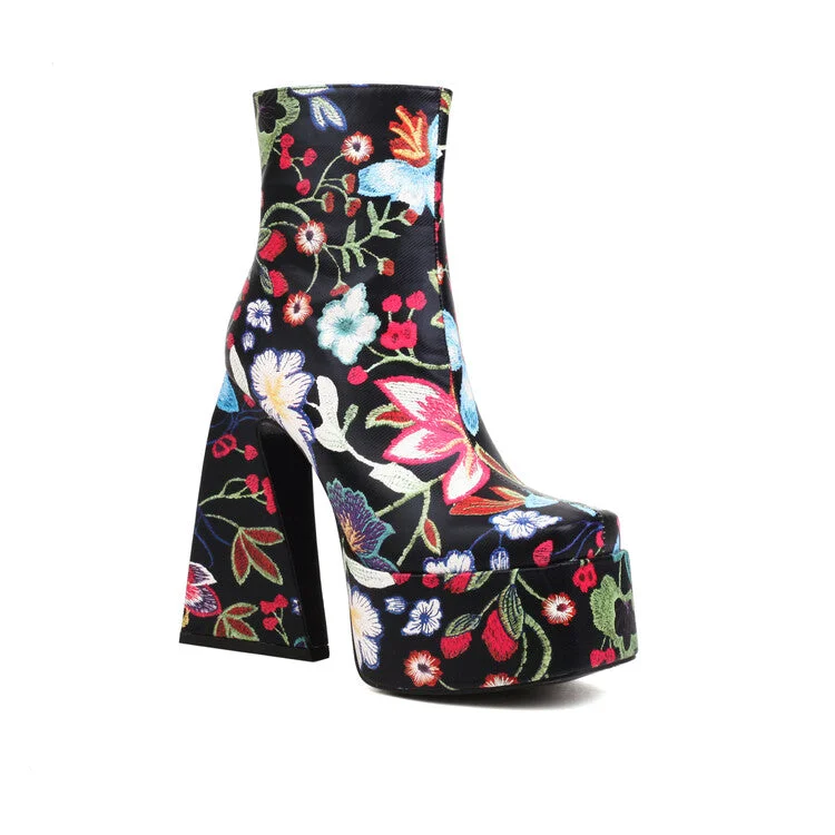 Lace Design Women Pu Leather Square Toe Flora Printed Triangle Heel Platform Short Boots