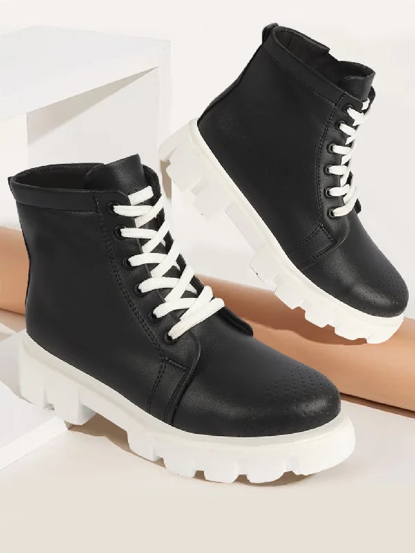 Perfect Tailoring Women Black Outdoor Winter High Top Chunky Lace Up Casual Boots