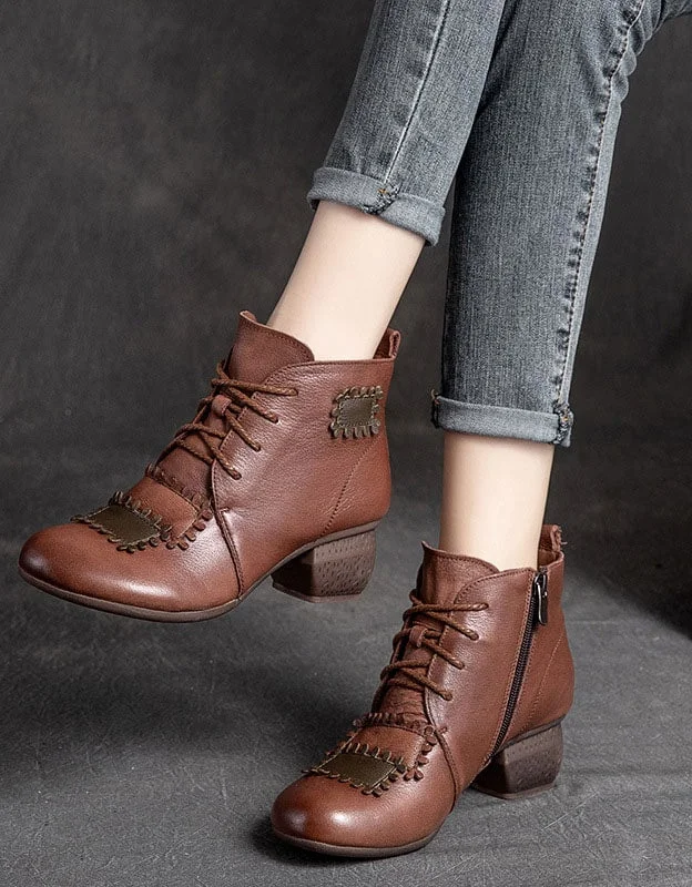 Minimal Classic Handmade Retro Leather Patch Chunky Boots