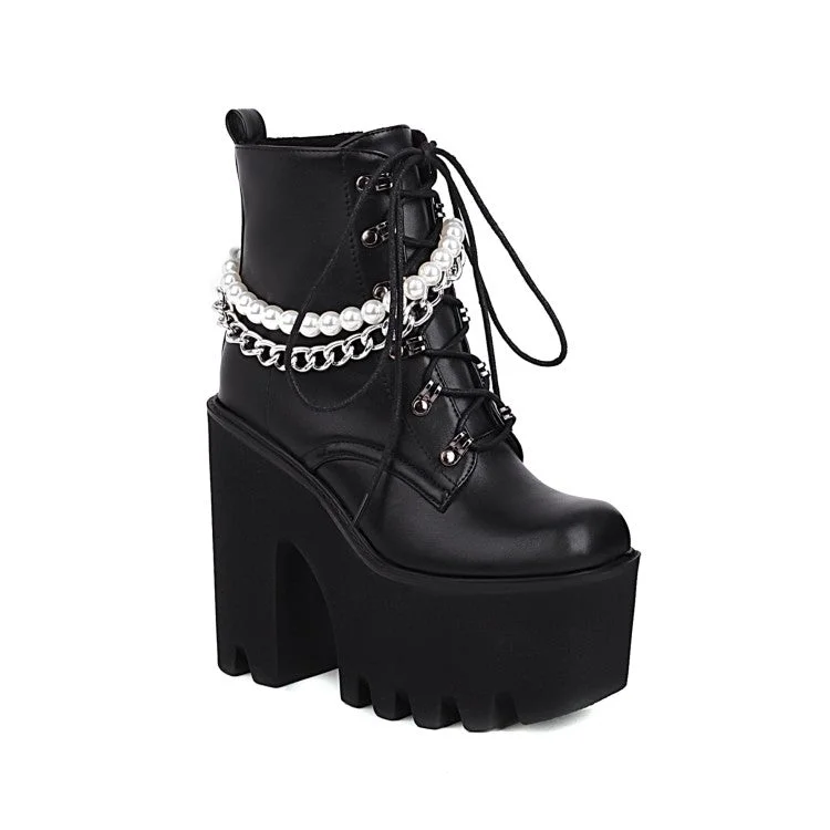 Fashion And Simplicity Pu Leather Lace Up Metal Pearls Chains Block Chunky Heel Platform Riding Ankle Boots for Women
