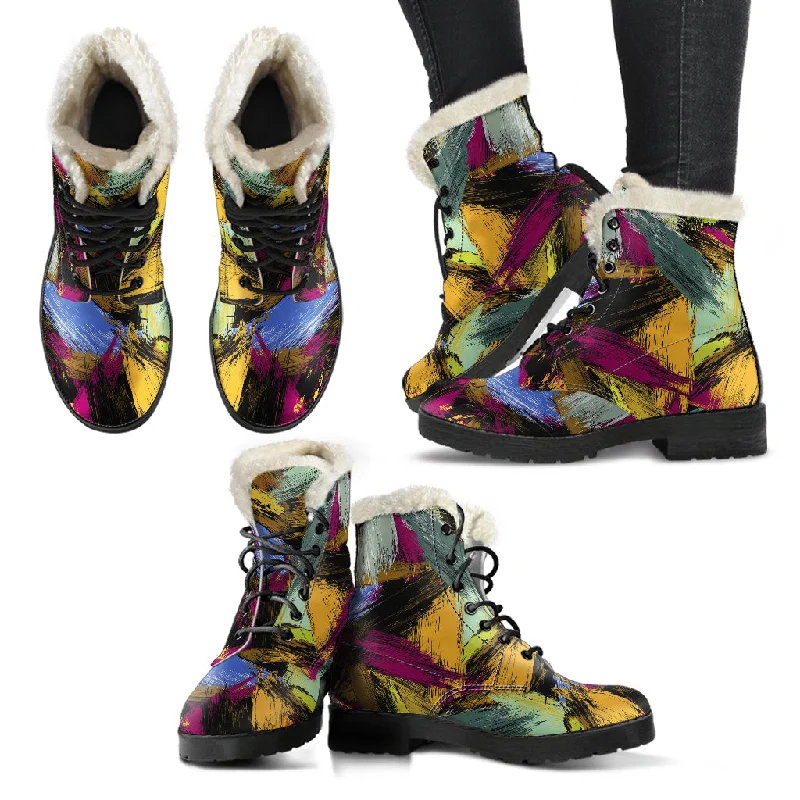 Luxury Fashion Abstract Paint Faux Fur Leather Boots