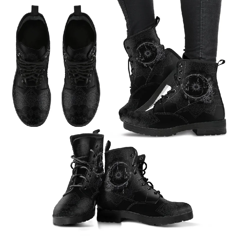 Street Fashion Sun and Moon Mandala Black Boots