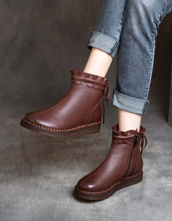 Exquisite Embroidery Handmade Leather Retro Ankle Lace-up Boots
