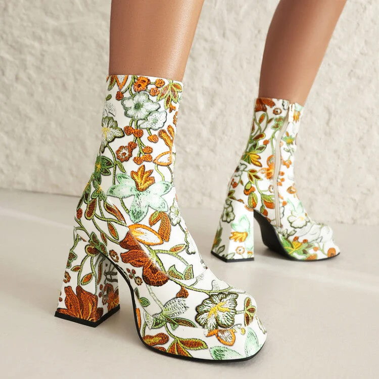 Fashion Pioneer Booties Flowers Prints Block Chunky Heel Platform Ankle Boots for Women