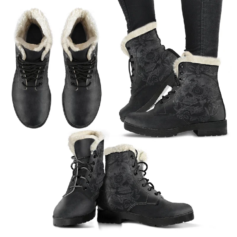 Minimal Style Grey Skull - Fur Leather Boots
