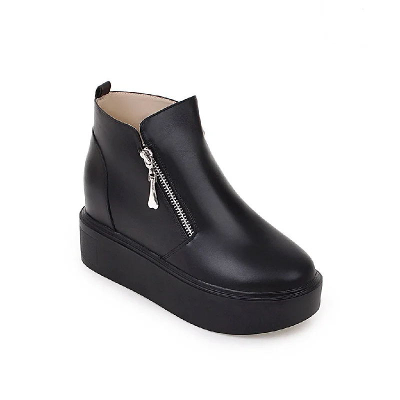 Retro Prints Ankle Boots for Women Platform Wedges Double Zipper Pu Leather Autumn Winter Shoes Woman 9912