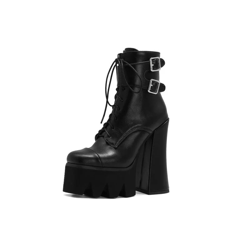 Personalized Wear Crocodile Pattern Round Toe Lace Up Buckle Straps Side Zippers Block Chunky Heel Platform Ankle Boots for Women