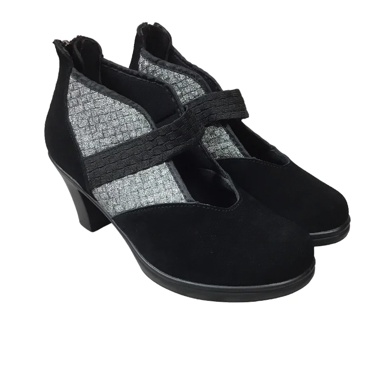 Sports Trend Black & Silver Shoes Heels Block Bernie Mev, Size 6.5