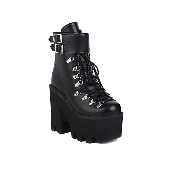 Classic Style Pu Leather Round Toe Metal Rivets Lace Up Buckle Straps Block Chunky Heel Platform Ankle Boots for Women Classic Style Pu Leather Round Toe Metal Rivets Lace Up Buckle Straps Block Chunky Heel Platform Ankle Boots for Women