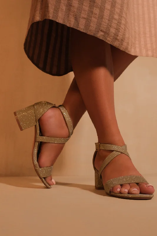 Fashion And Simplicity AMBER STRAPPY MID HIGH BLOCK HEELS PEEP TOE IN GOLD GLITTER