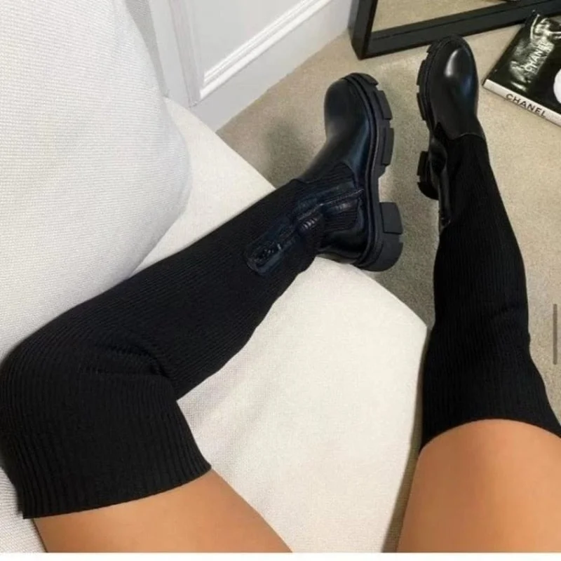 Street Fashion Women Thigh High Stretch Fabric Chunky Heel Boots