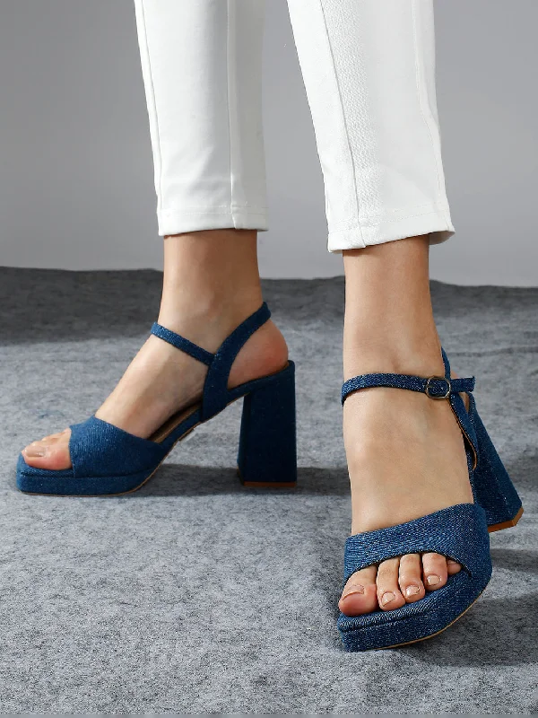 Personalized Wear Women Navy Open Toe Suede Block Heels With Buckle Detail