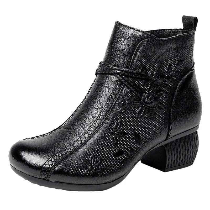 Versatile Itinerary Women's Casual Leather Zipper Ankle Boots Flower Print Low Block Heel