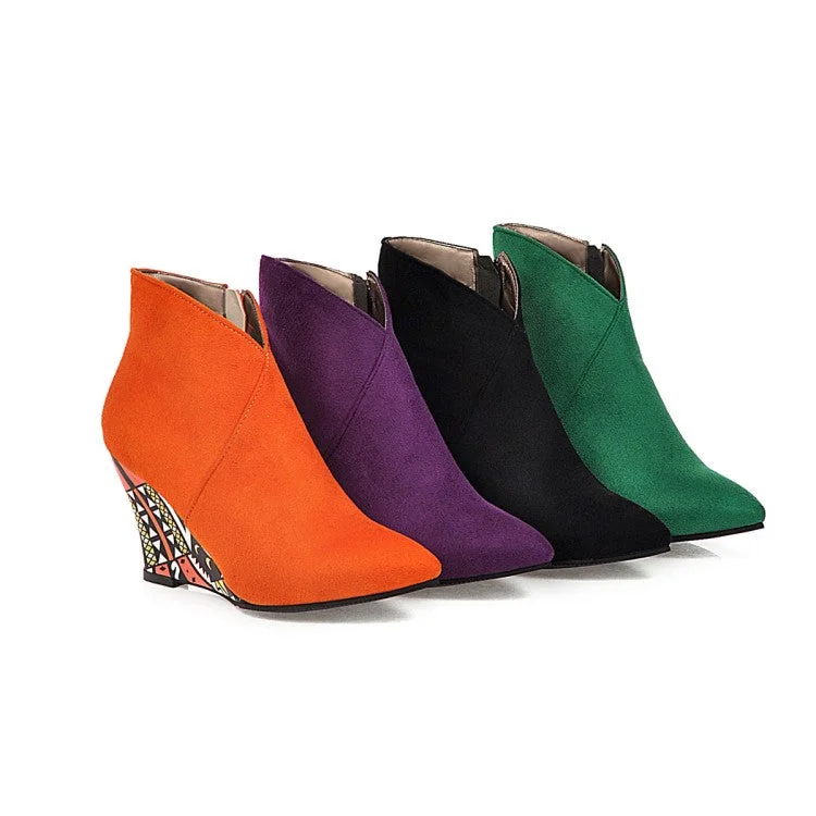 Printed Patterns Ladies Suede Pointed Toe Ethnic Wedge Heel Short Boots