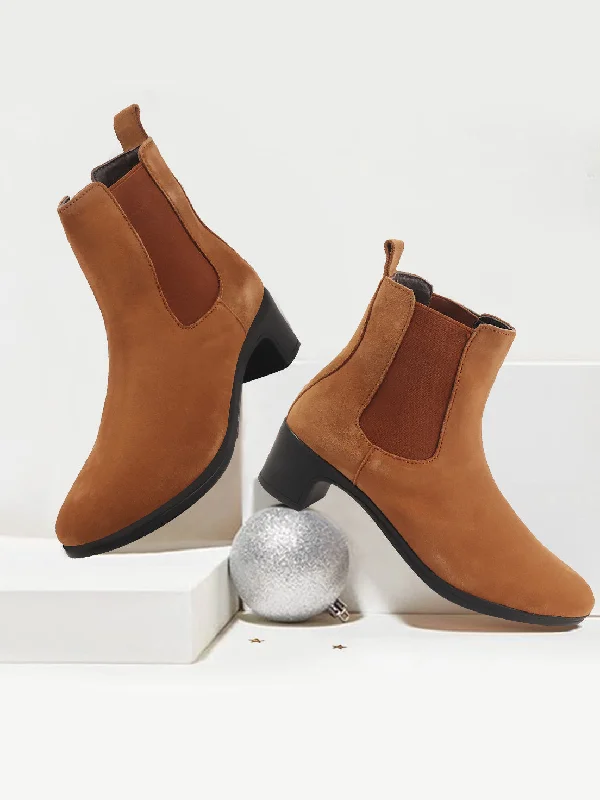 Comfortable Fashion Women Tan Flared Heel High Ankle Suede Leather Classic Winter Chelsea Boots