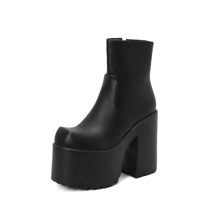 Goddess Style Embossed Leather Pu Leather Side Zippers Block Chunky Heel Platform Ankle Boots for Women