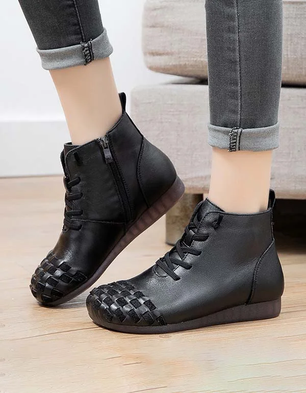 Classic Items Autumn Winter Leather Weaving Velvet Retro Boots