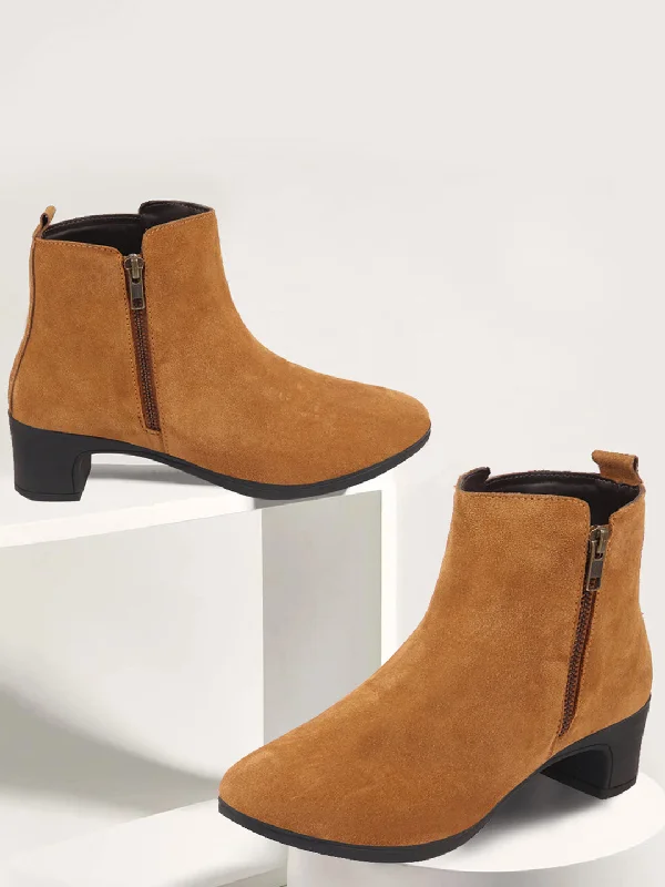 Versatile Items Women Tan Flared Heel Mid Top Suede Leather Zipper Closure Winter Chelsea Boots