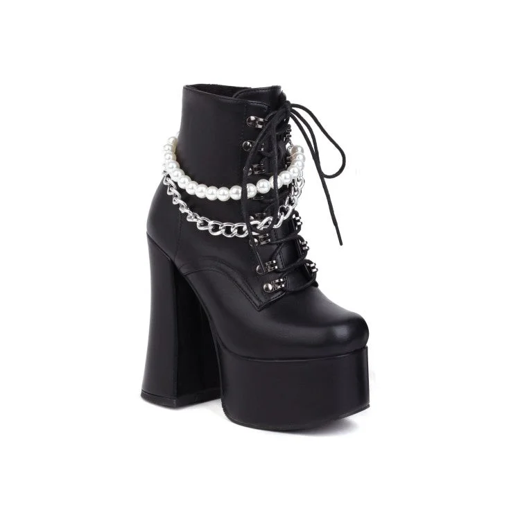 Fashion Innovation Pu Leather Round Toe Pearls Metal Chains Lace Up Block Chunky Heel Platform Ankle Boots for Women Fashion Innovation Pu Leather Round Toe Pearls Metal Chains Lace Up Block Chunky Heel Platform Ankle Boots for Women